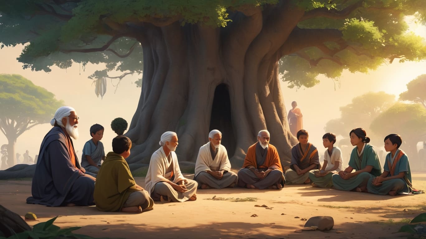 Wise old sage sitting under a banyan tree